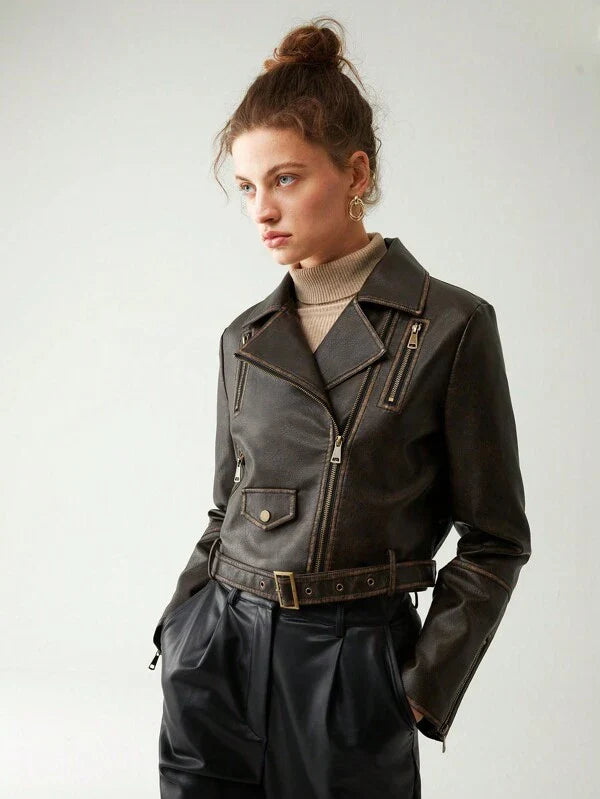 Raverya - Zwarte Leren Bikerjack met Vintage Touch
