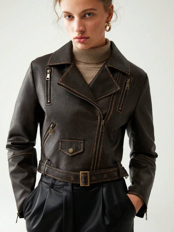 Raverya - Zwarte Leren Bikerjack met Vintage Touch