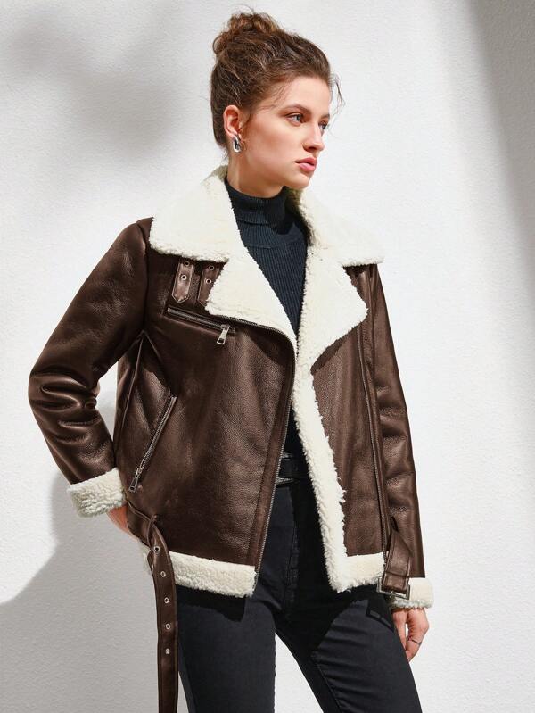 Raverya - Donkerbruin Faux Leren Bikerjack met Sherpa Voering