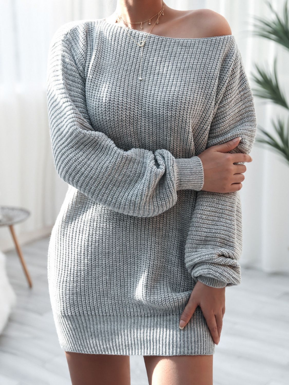 Raverya- Ribgebreide Trui met Boothals Casual Mini Jurk