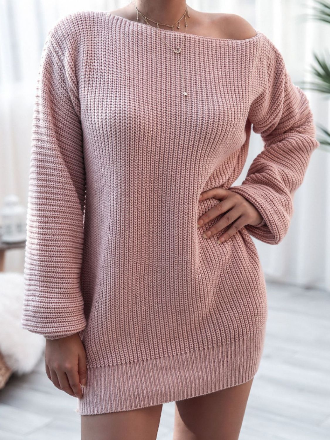 Raverya- Ribgebreide Trui met Boothals Casual Mini Jurk