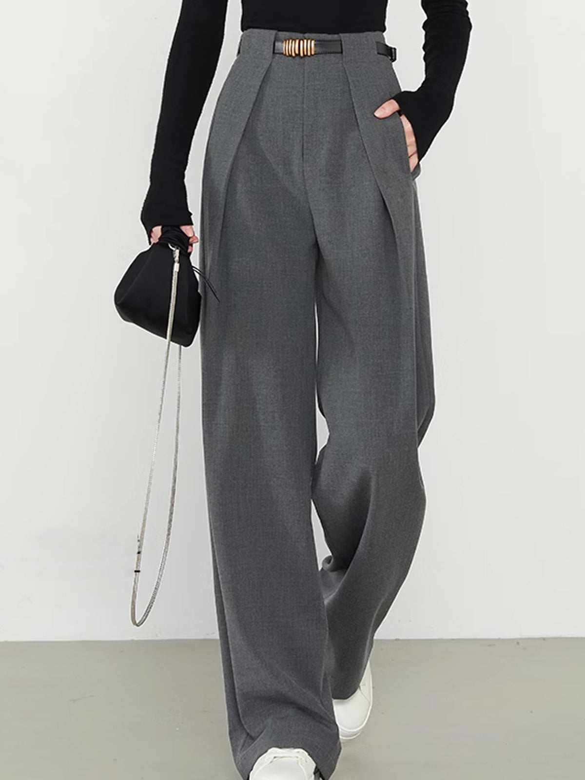 Mid Waist Effen Rechte Broek met Zakken
