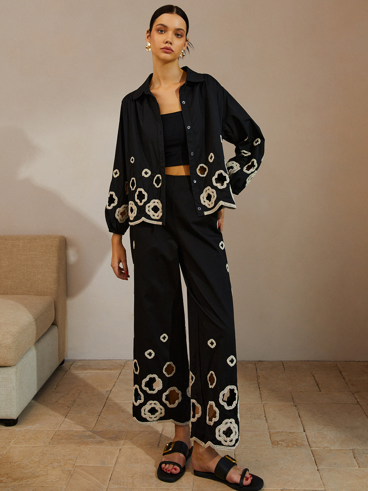 Katoenen Cropped Broek met Holle Borduurdetails