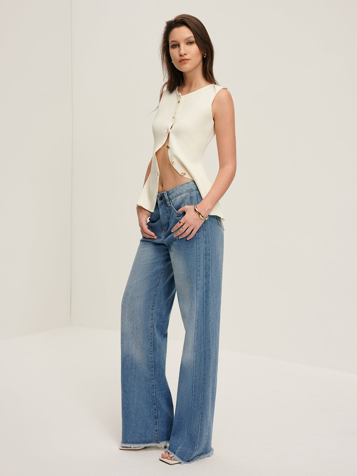 Denim Jeans met Onbewerkte Zoom en Piping