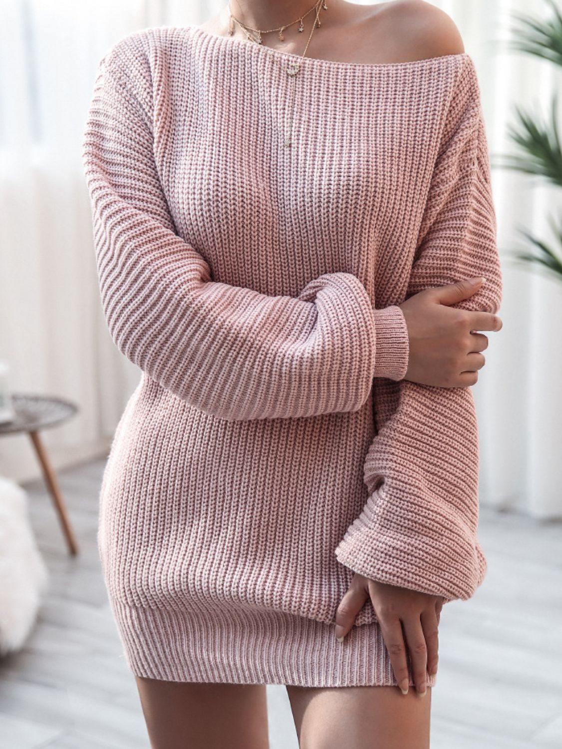 Raverya- Ribgebreide Trui met Boothals Casual Mini Jurk