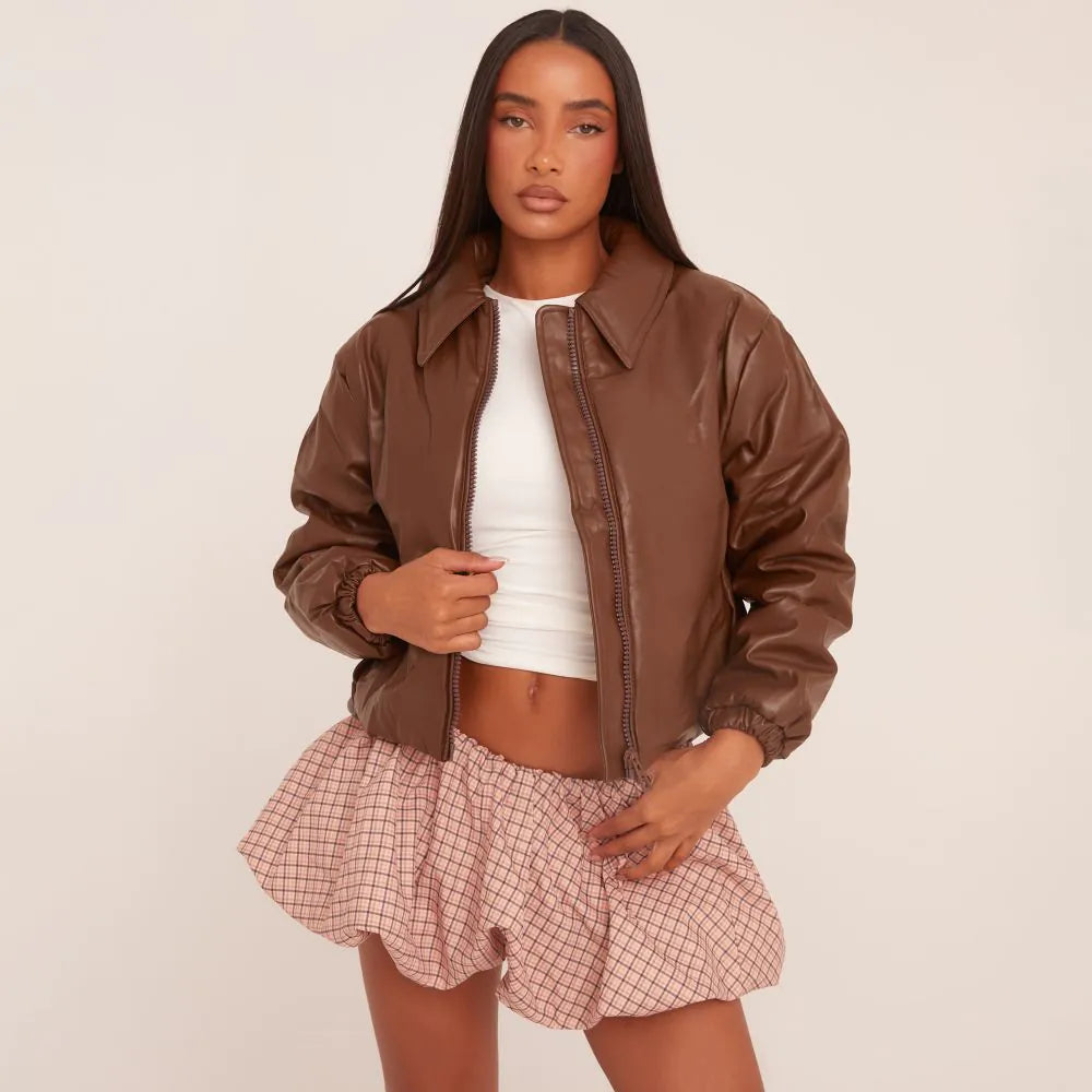 Raverya- Trendy Bruine Leren Bomberjas