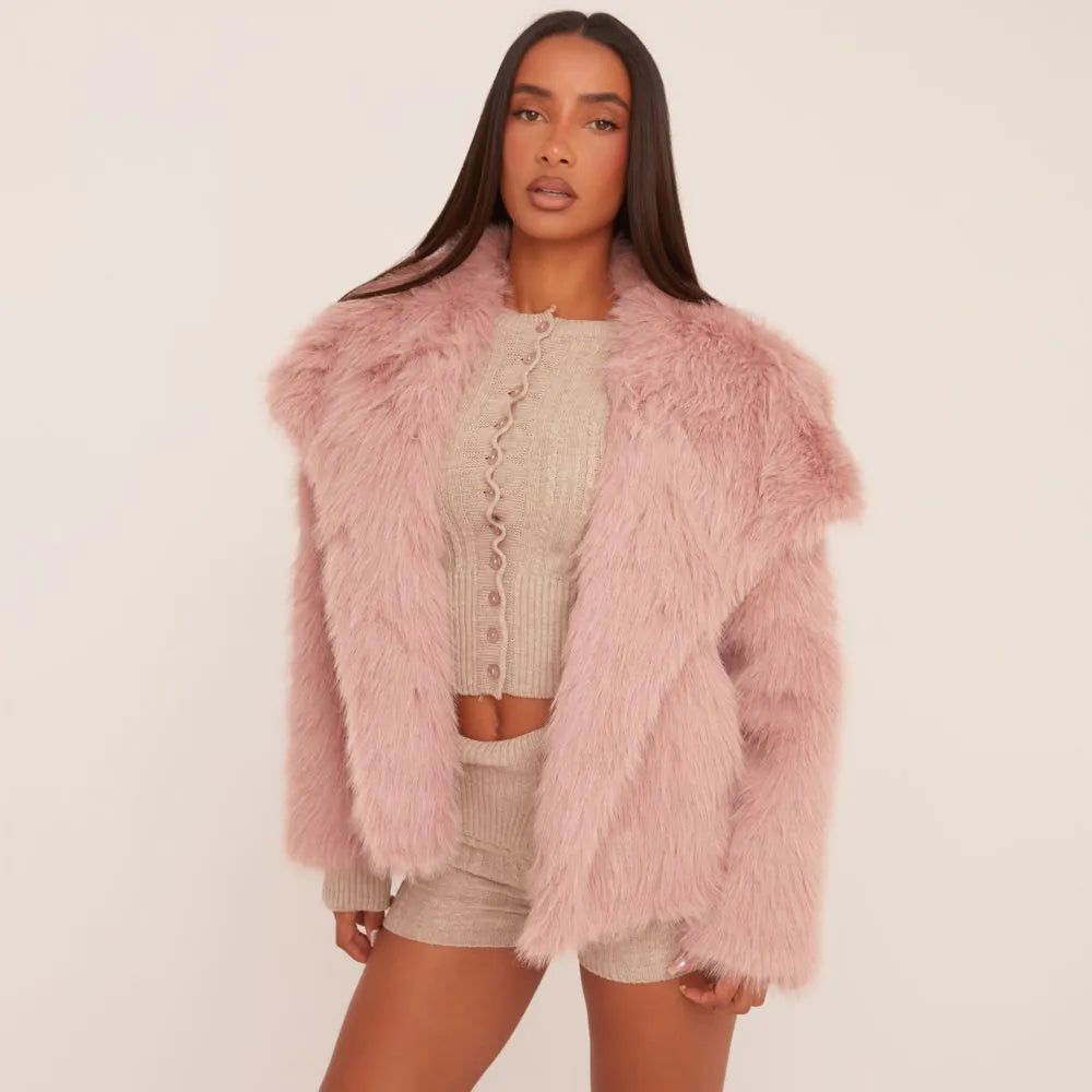 Raverya - Oversized Collar Detail Cropped Jacket In Pink Faux Fur