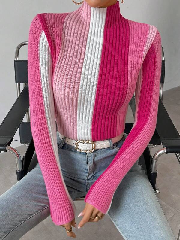 Roze Kleurblok Geribde Trui - Casual & Comfortabel voor Lente/Herfst