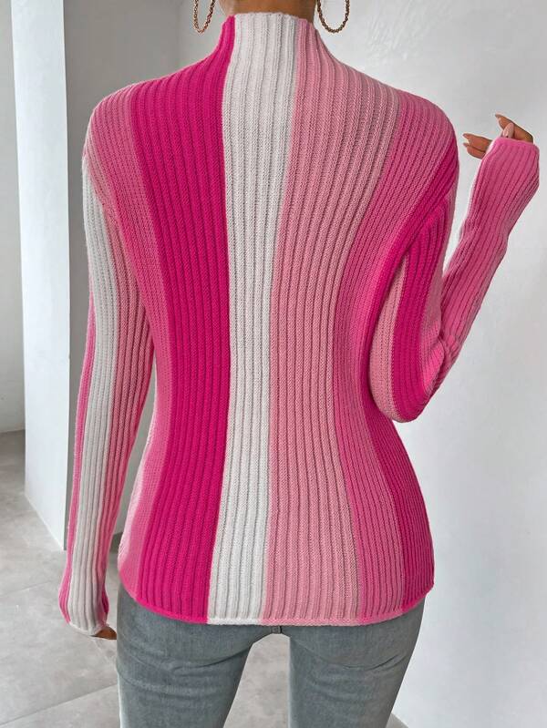 Roze Kleurblok Geribde Trui - Casual & Comfortabel voor Lente/Herfst