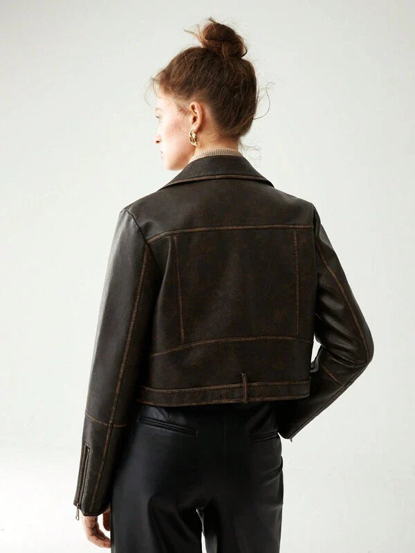 Raverya - Zwarte Leren Bikerjack met Vintage Touch