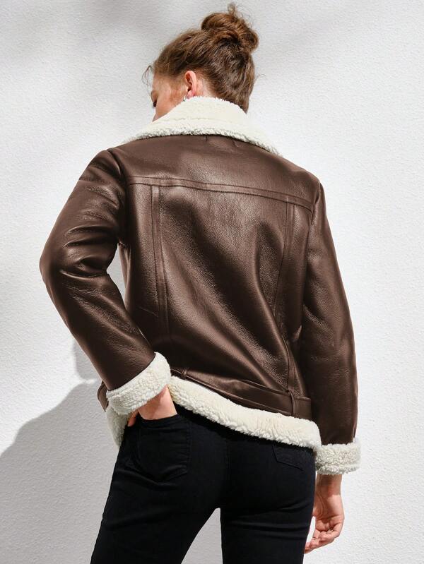 Raverya - Donkerbruin Faux Leren Bikerjack met Sherpa Voering