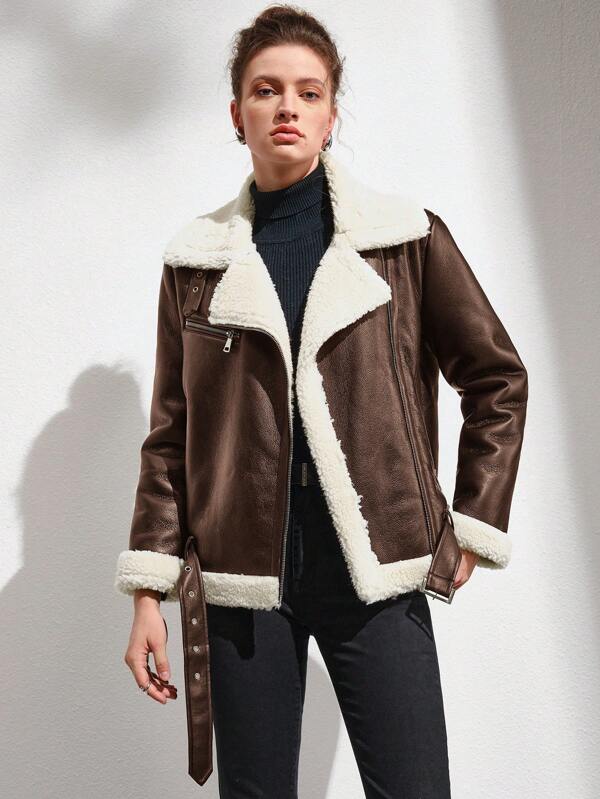 Raverya - Donkerbruin Faux Leren Bikerjack met Sherpa Voering