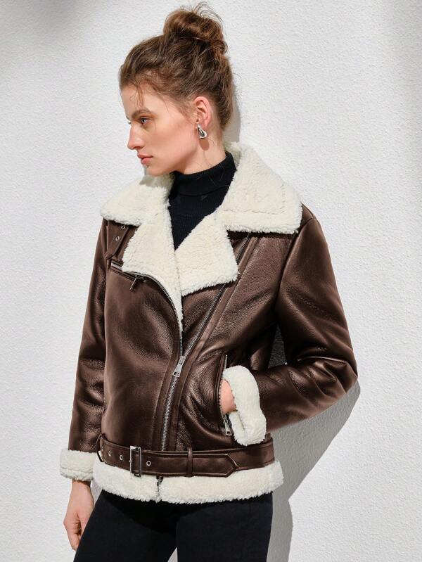 Raverya - Donkerbruin Faux Leren Bikerjack met Sherpa Voering