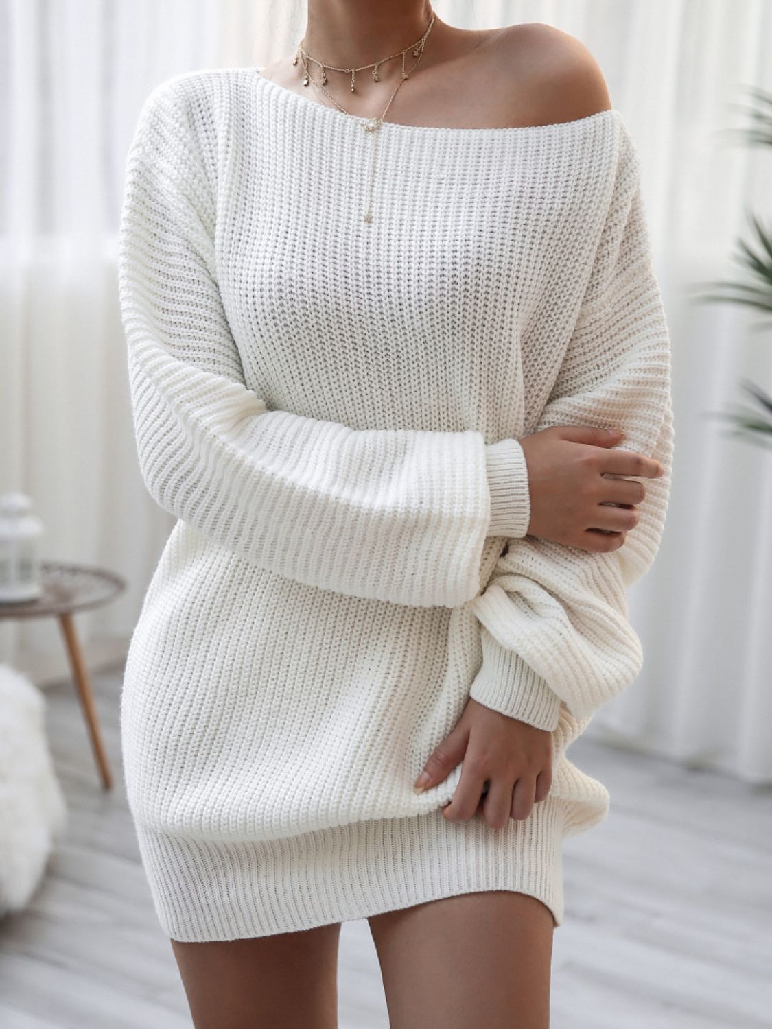 Raverya- Ribgebreide Trui met Boothals Casual Mini Jurk