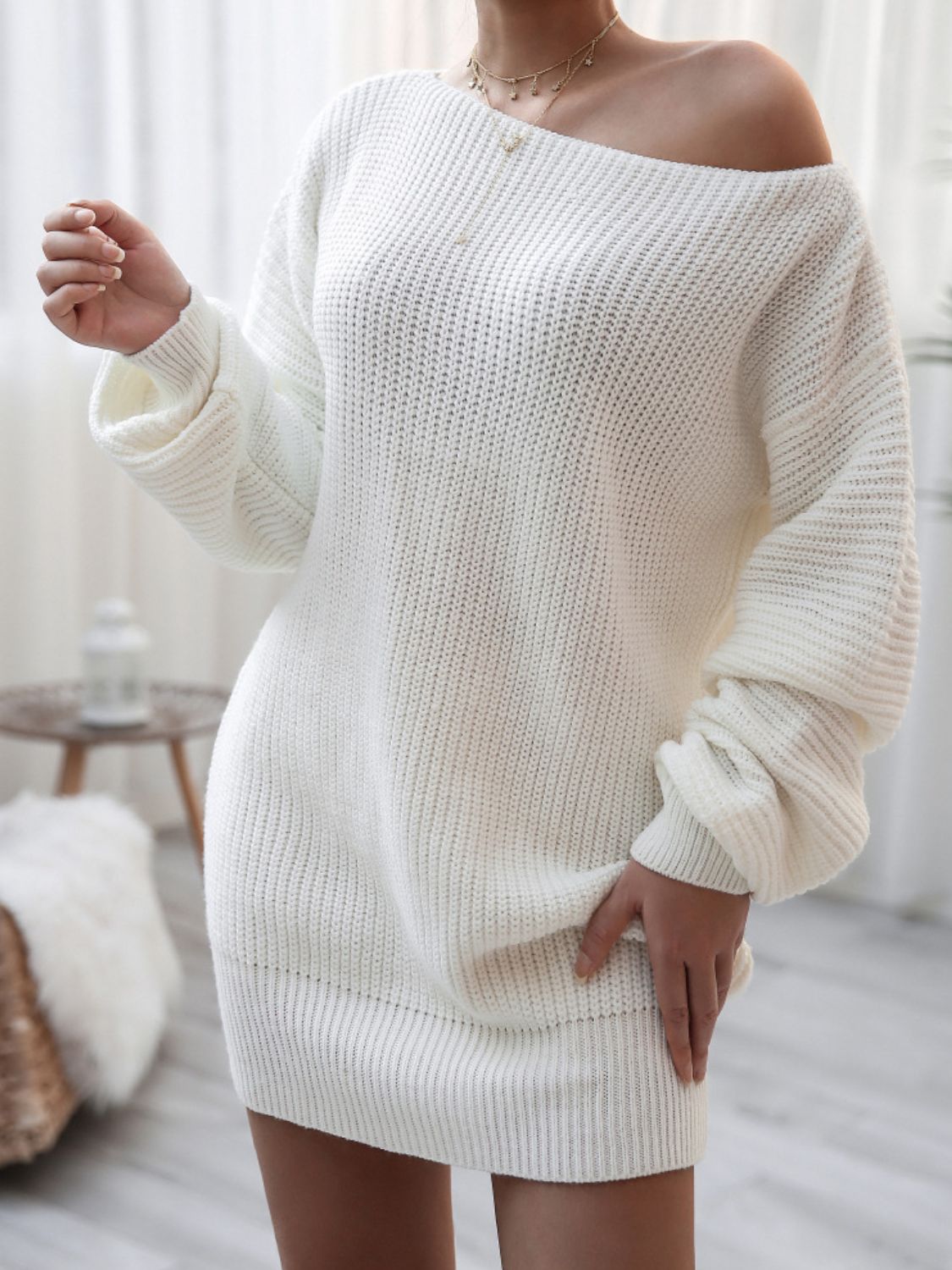 Raverya- Ribgebreide Trui met Boothals Casual Mini Jurk