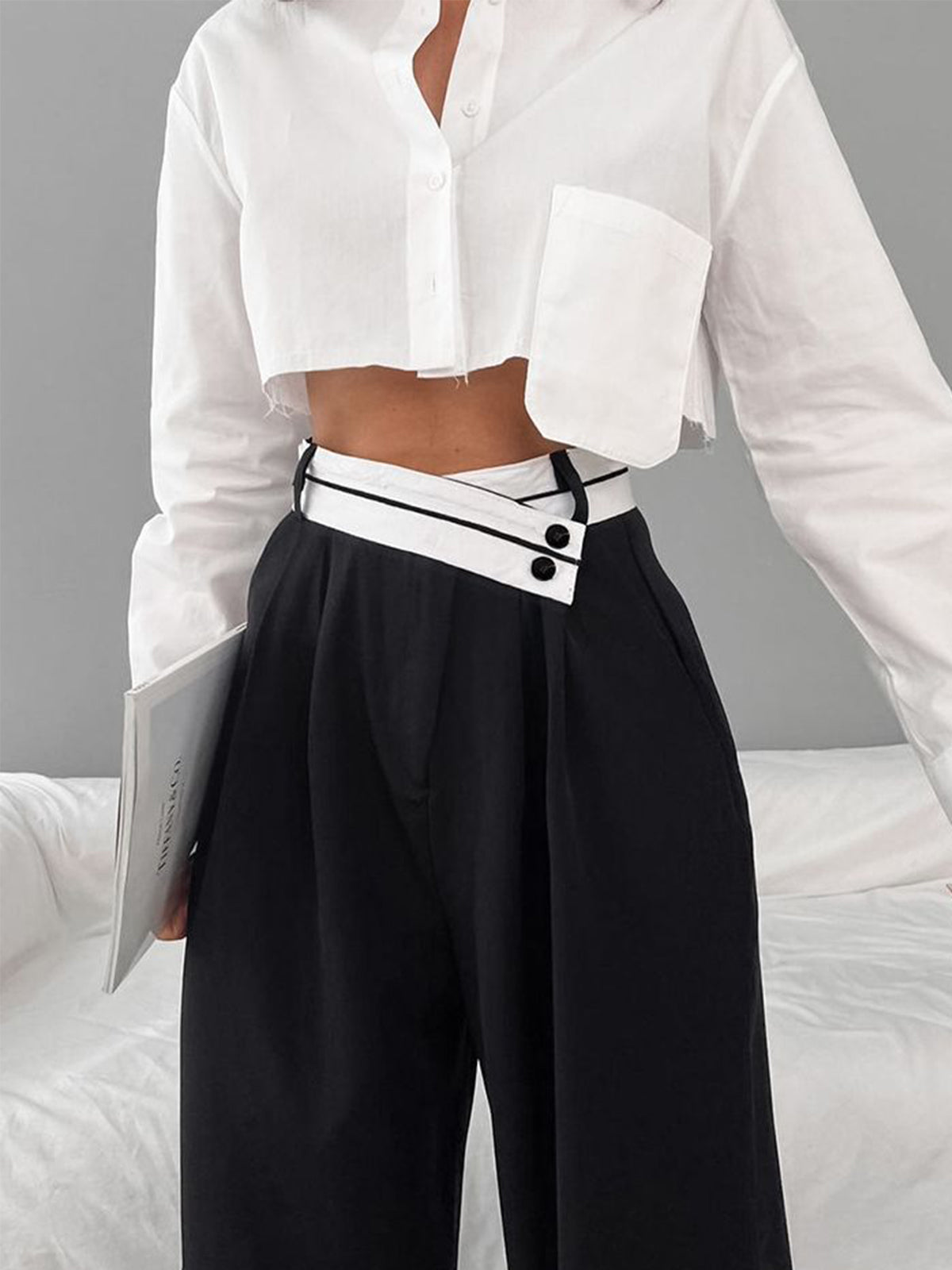 Asymmetrische Wide Leg Dress Broek met Contrasterende Tailleband