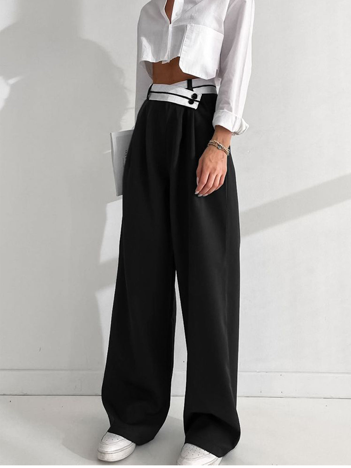 Asymmetrische Wide Leg Dress Broek met Contrasterende Tailleband