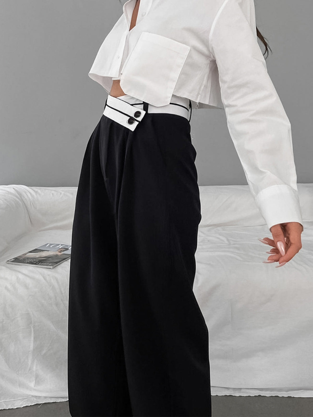 Asymmetrische Wide Leg Dress Broek met Contrasterende Tailleband