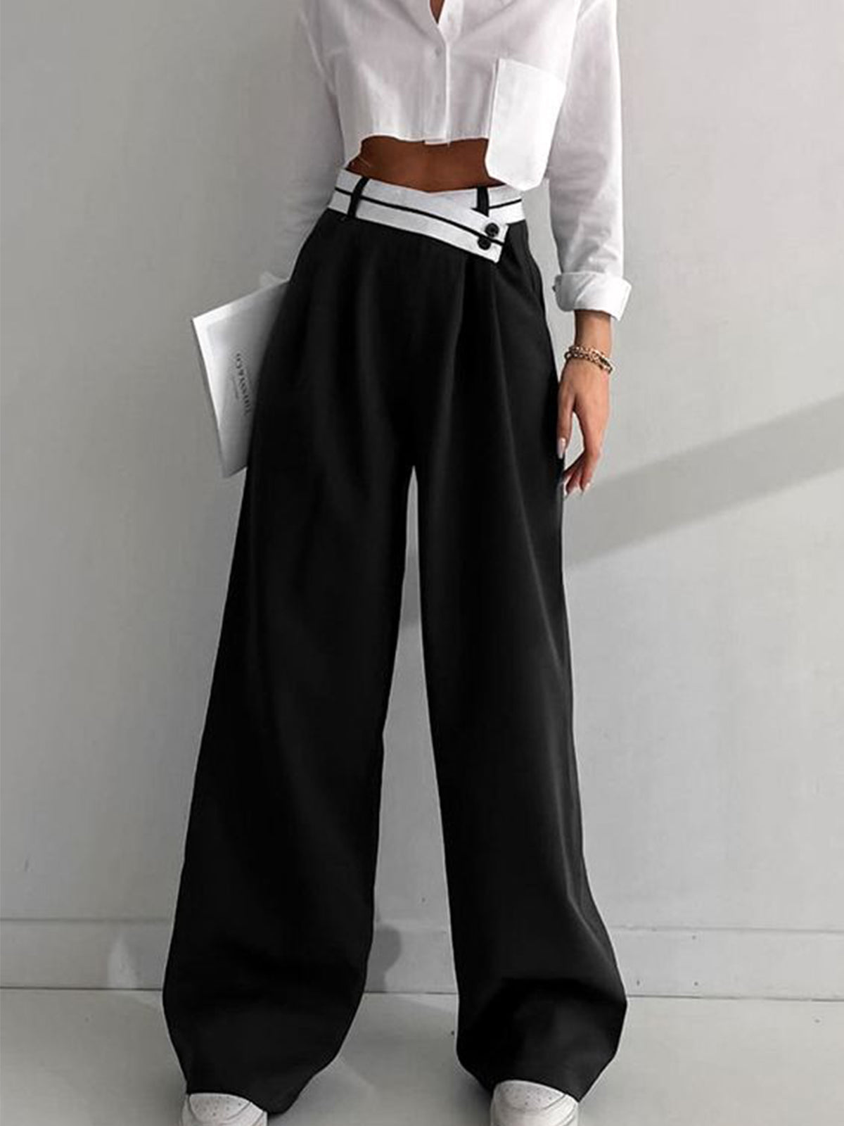 Asymmetrische Wide Leg Dress Broek met Contrasterende Tailleband