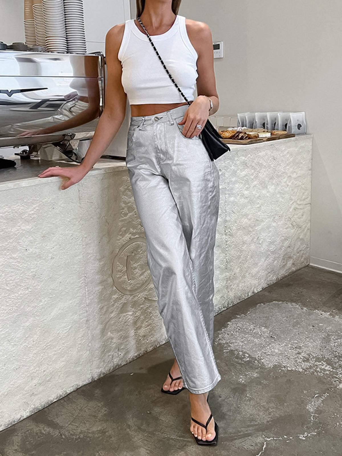 Metallic Imitatieleer Rechte Broek