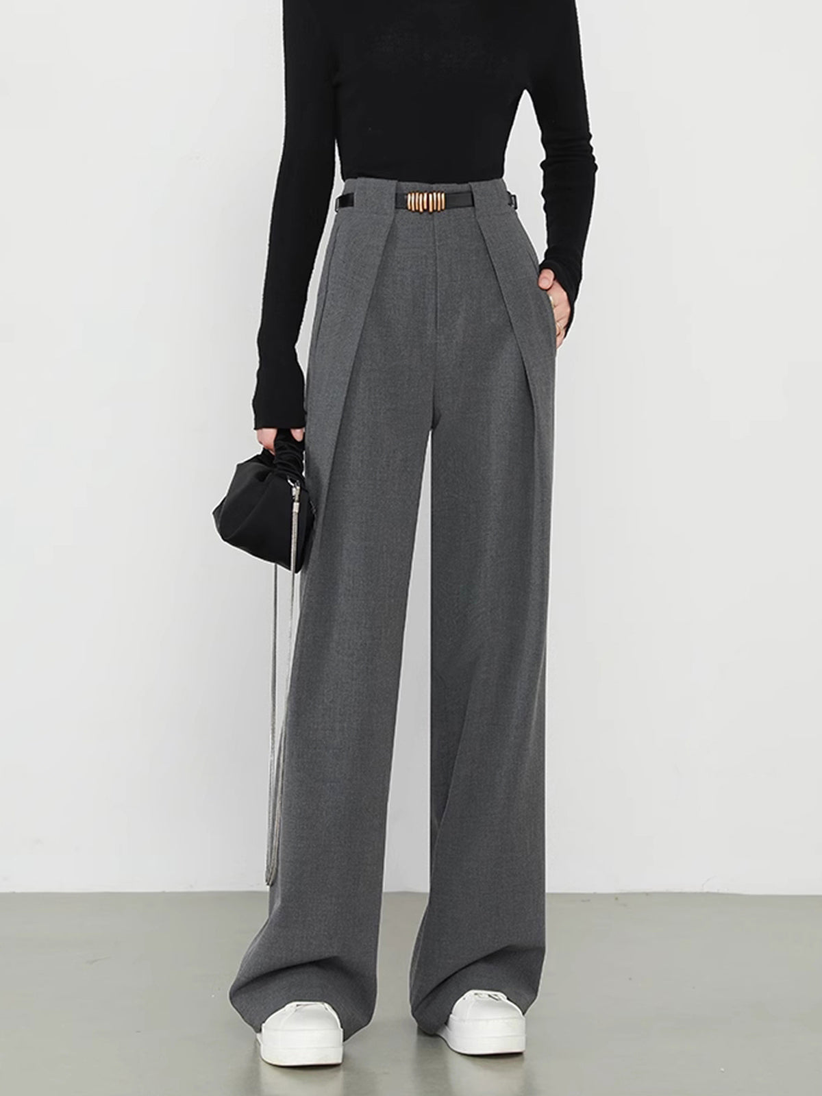 Mid Waist Effen Rechte Broek met Zakken