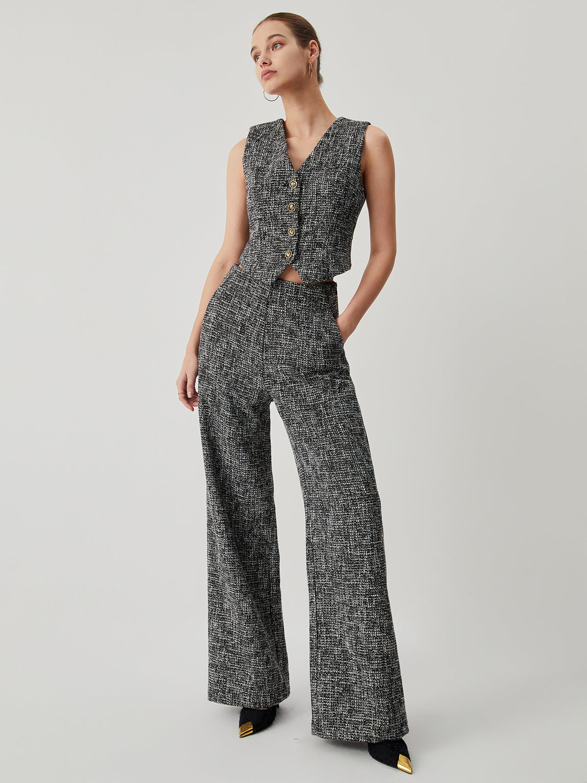 Old Money Tweed Rechte Broek met Zakken