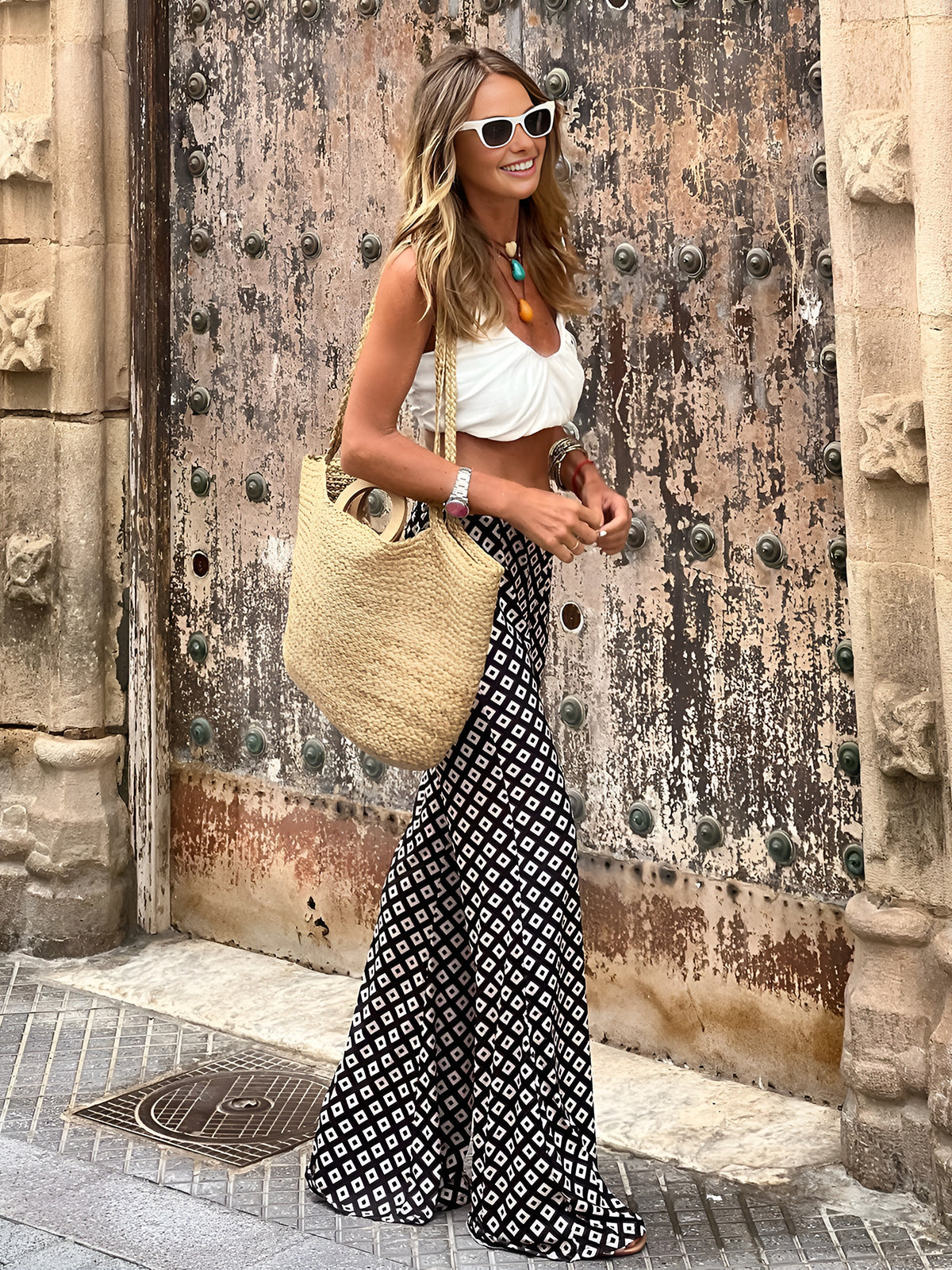 Geometrische Print Flare Broek