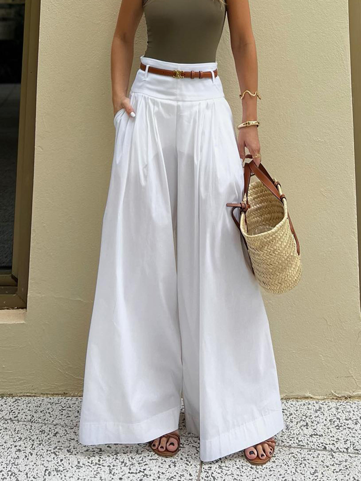 Katoenen Geplooide Wide Leg Broek