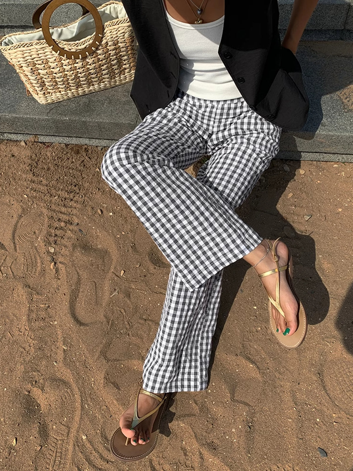 Casual Geruite Wide Leg Broek