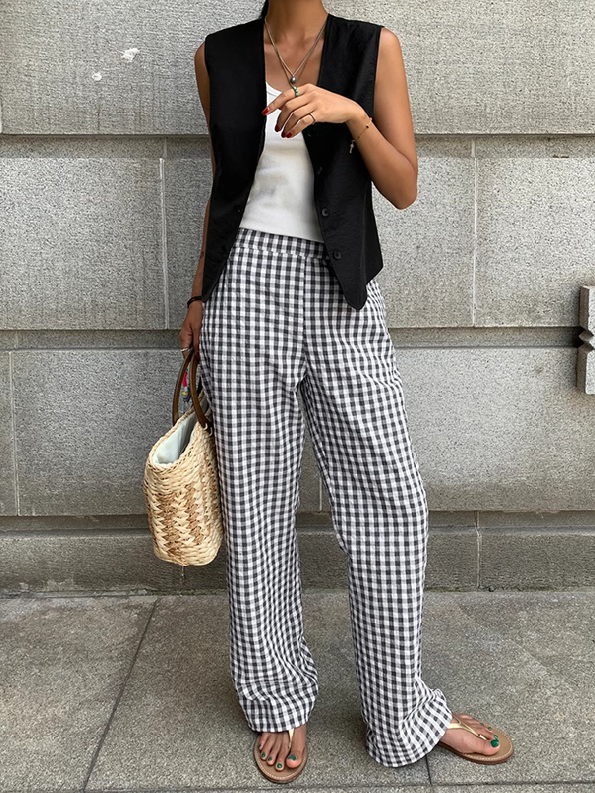 Casual Geruite Wide Leg Broek