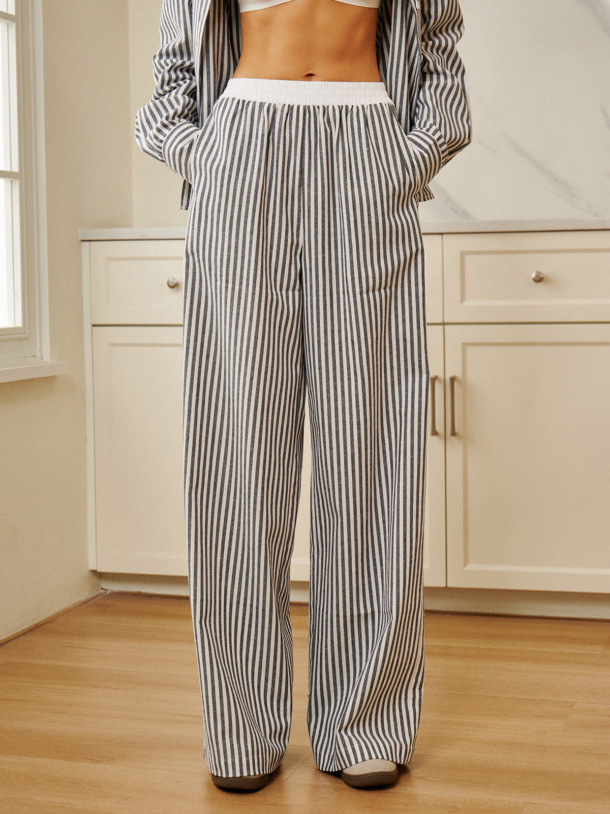 Pinstripe Wide Leg Broek met Contrasterende Bies