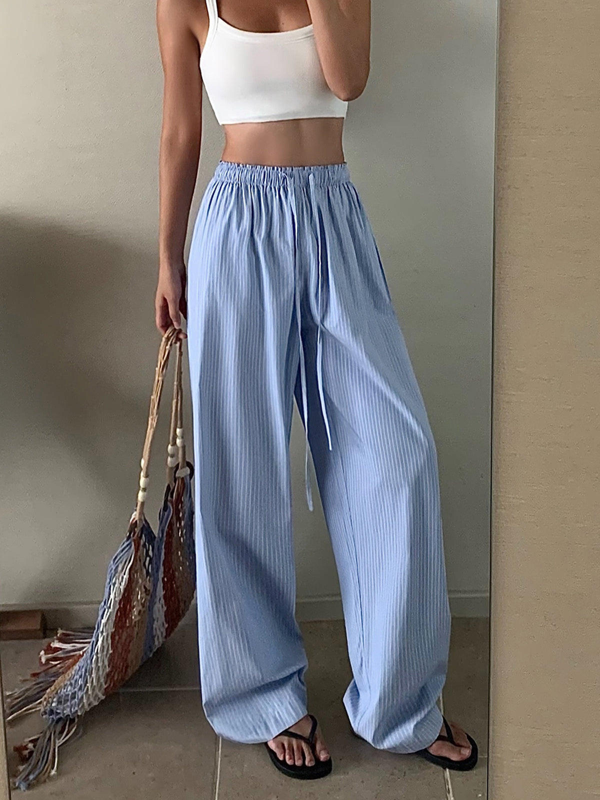 Pinstripe Wide-Leg Broek met Trekkoord