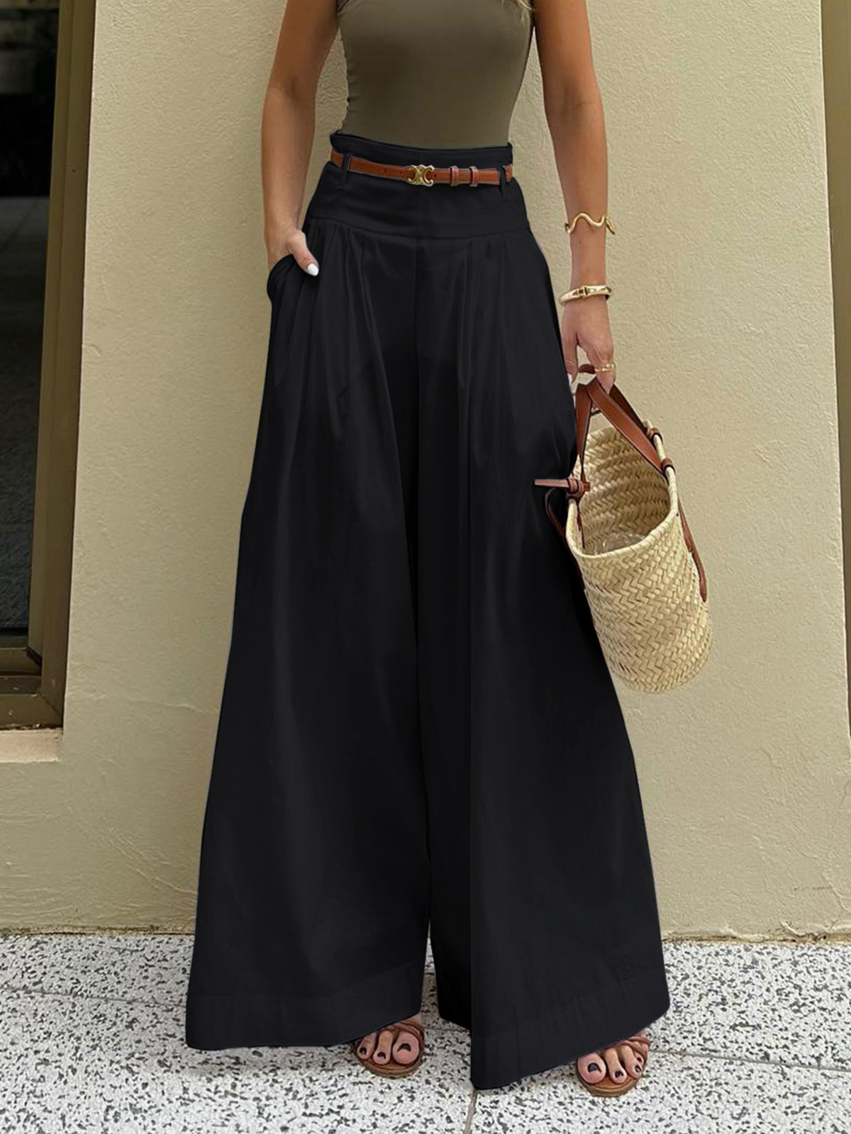 Katoenen Geplooide Wide Leg Broek