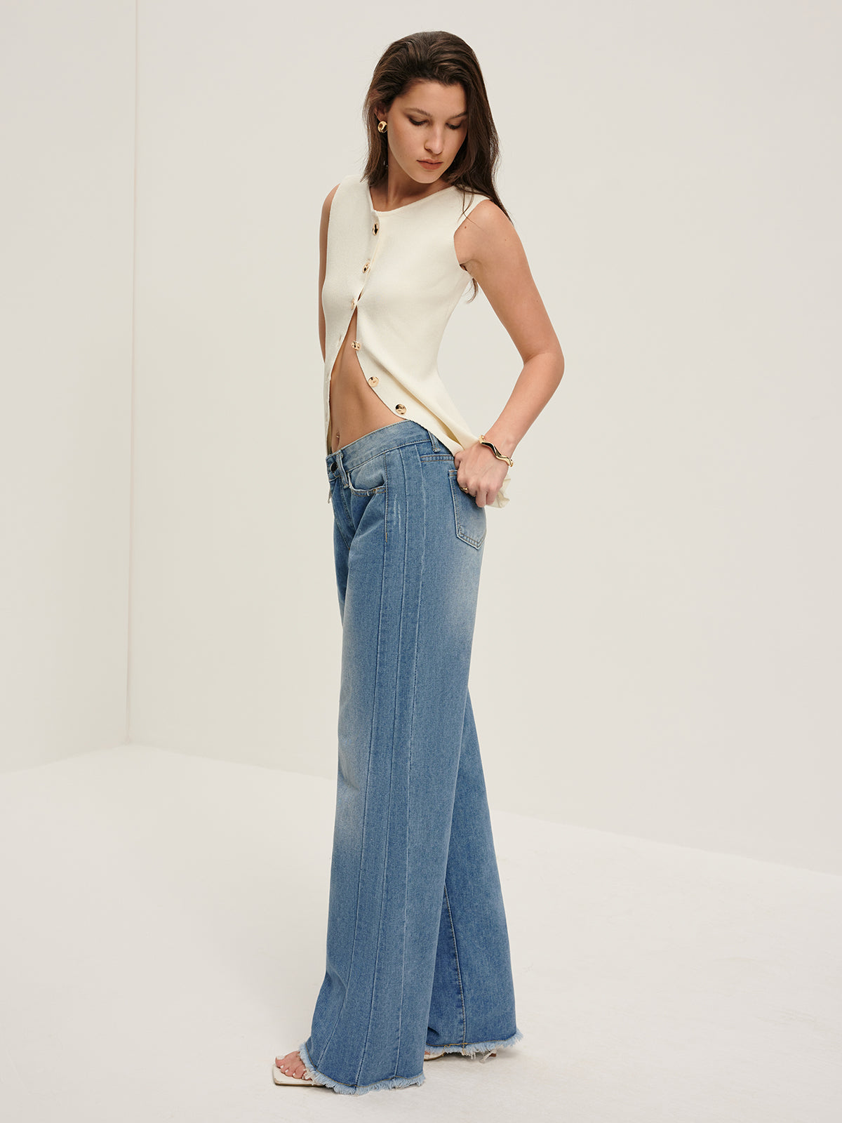 Denim Jeans met Onbewerkte Zoom en Piping