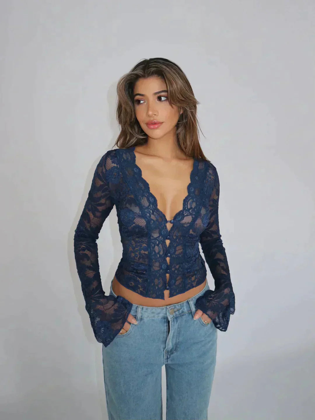 Mesh Top Met Lange Mouwen
