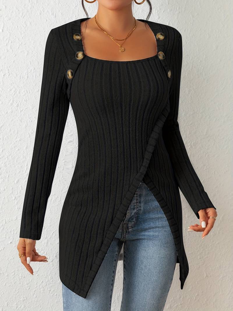 Herfsttop met speelse knopen - Chic en comfortabel