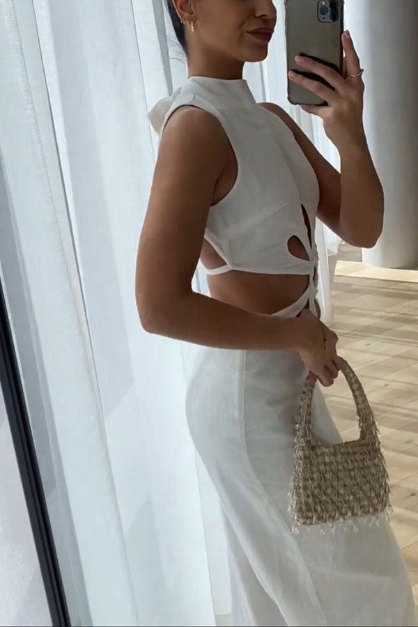 Omnia linnenmix maxi-jurk met ring en bloemuitsparing op de rug