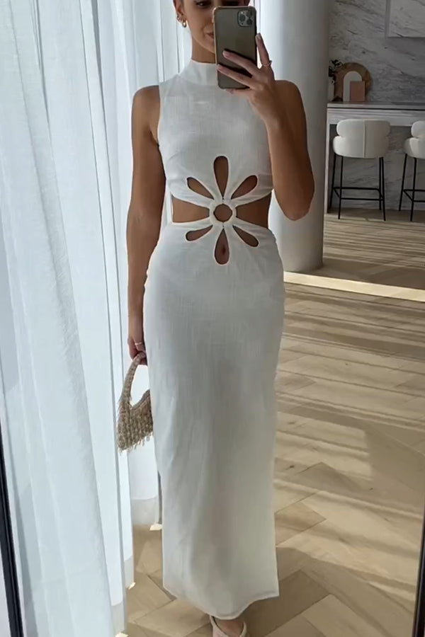 Omnia linnenmix maxi-jurk met ring en bloemuitsparing op de rug