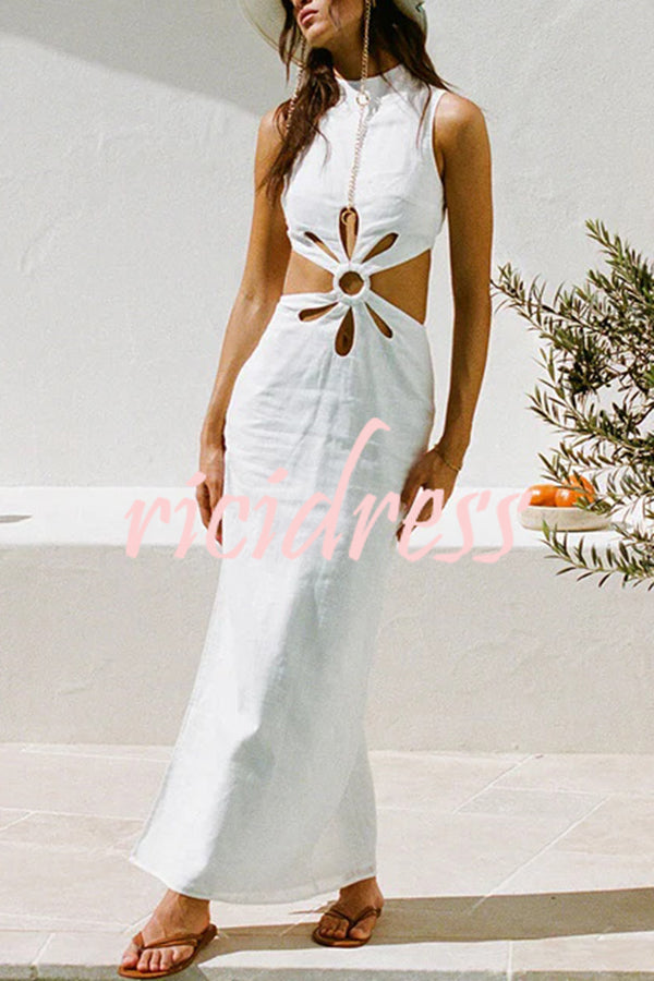 Omnia linnenmix maxi-jurk met ring en bloemuitsparing op de rug